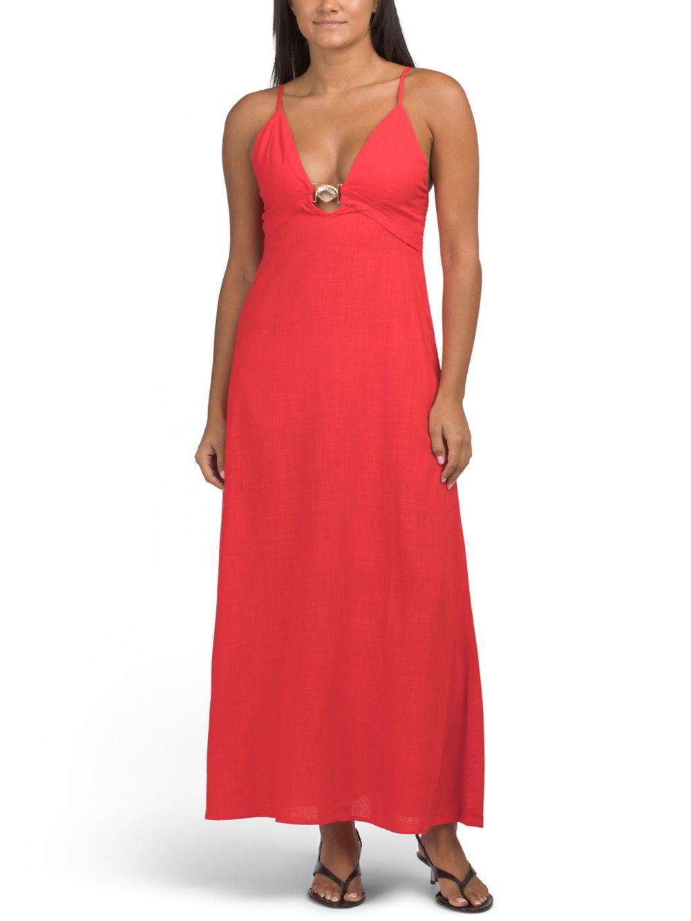 Linen Blend Shell Icon Hardware V-Neck Maxi Dress